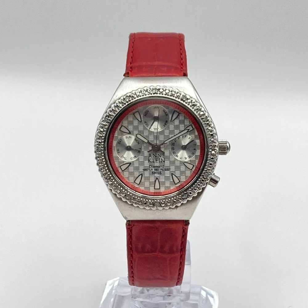 Anne Klein Diamond Women's Watch 32mm Silver Tone Swiss Month Red New Battery